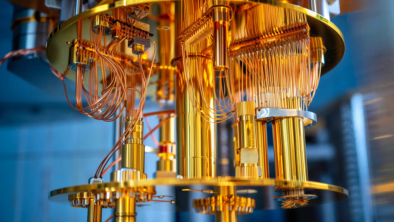 Gold cryogenic wiring inside a quantum computer, for a comparison of IonQ, Rigetti, and D-Wave quantum stocks