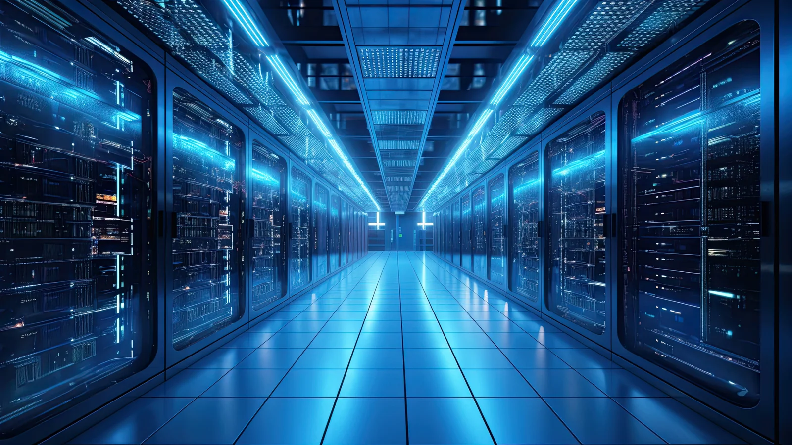 A long aisle of illuminated server racks inside a data center.