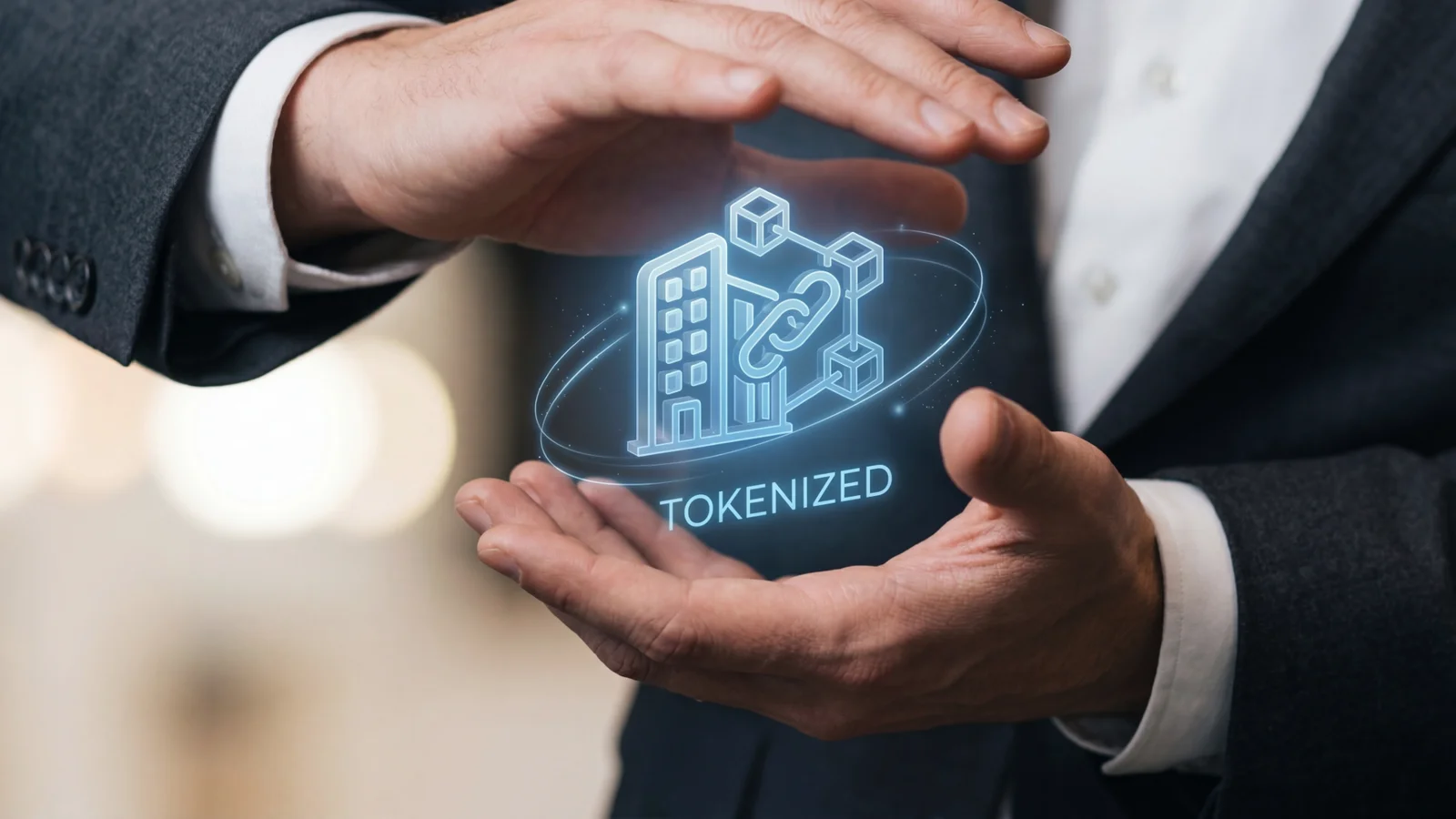 A person in a suit holding a glowing holographic icon of a building linked to blockchain blocks, labeled Tokenized