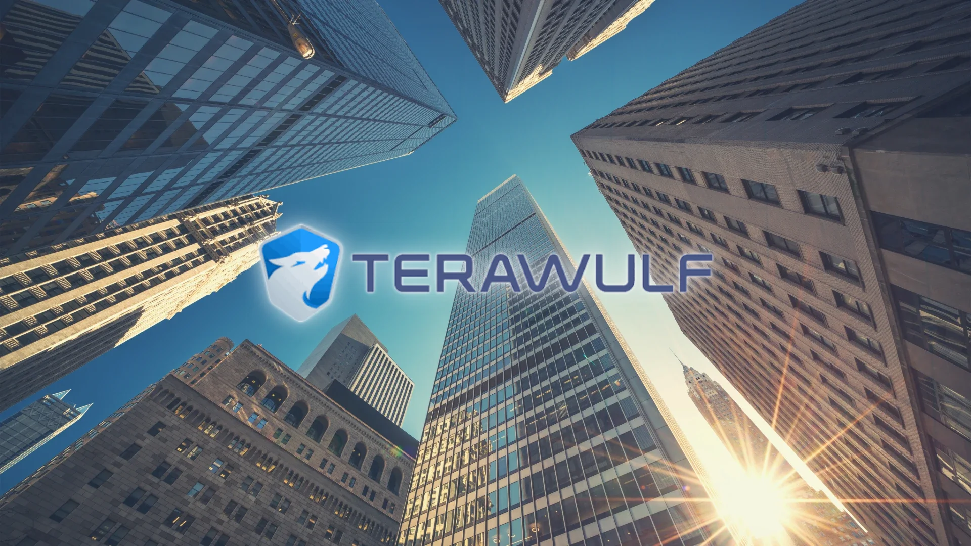 TeraWulf logo over Wall Street office towers
