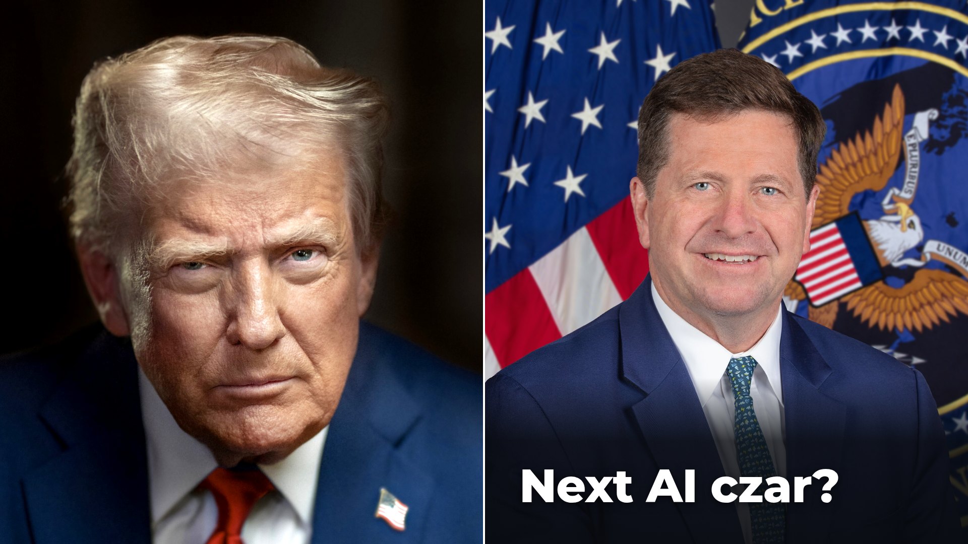 President Donald Trump, left, and Director of National Intelligence Jay Clayton, right, with the text Next AI czar?