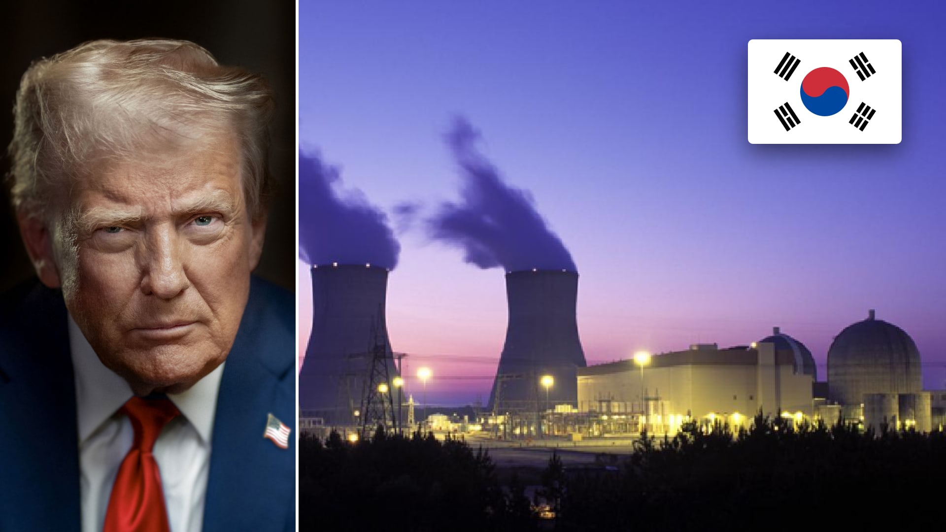 Donald Trump beside a US nuclear power plant at dusk and the South Korean flag