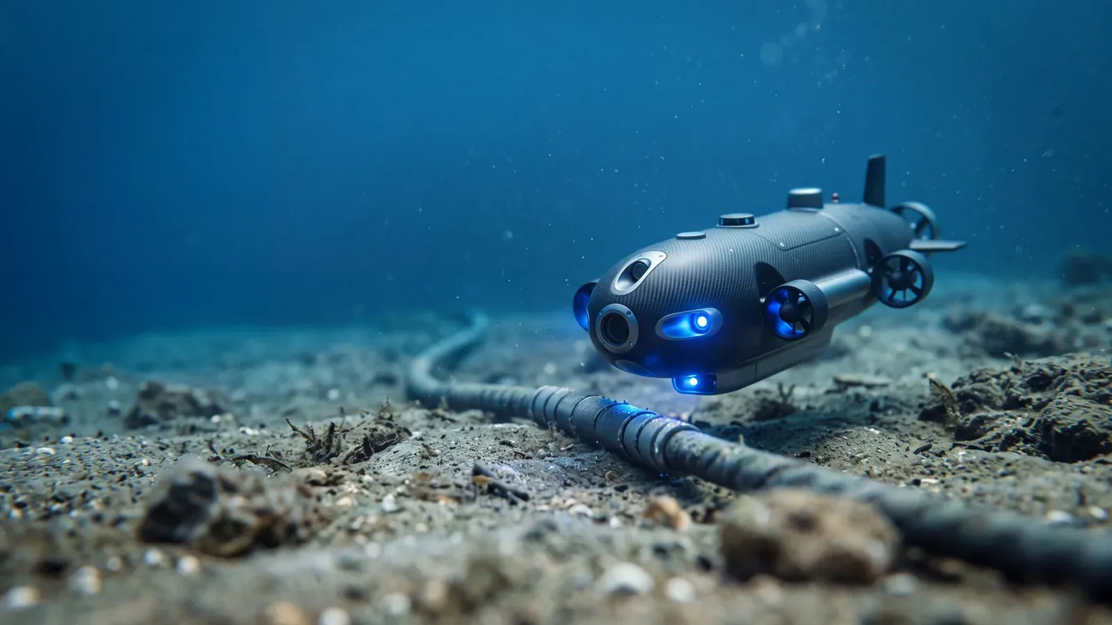 Illustration of the undersea defense arms race over seabed cables and underwater drones.