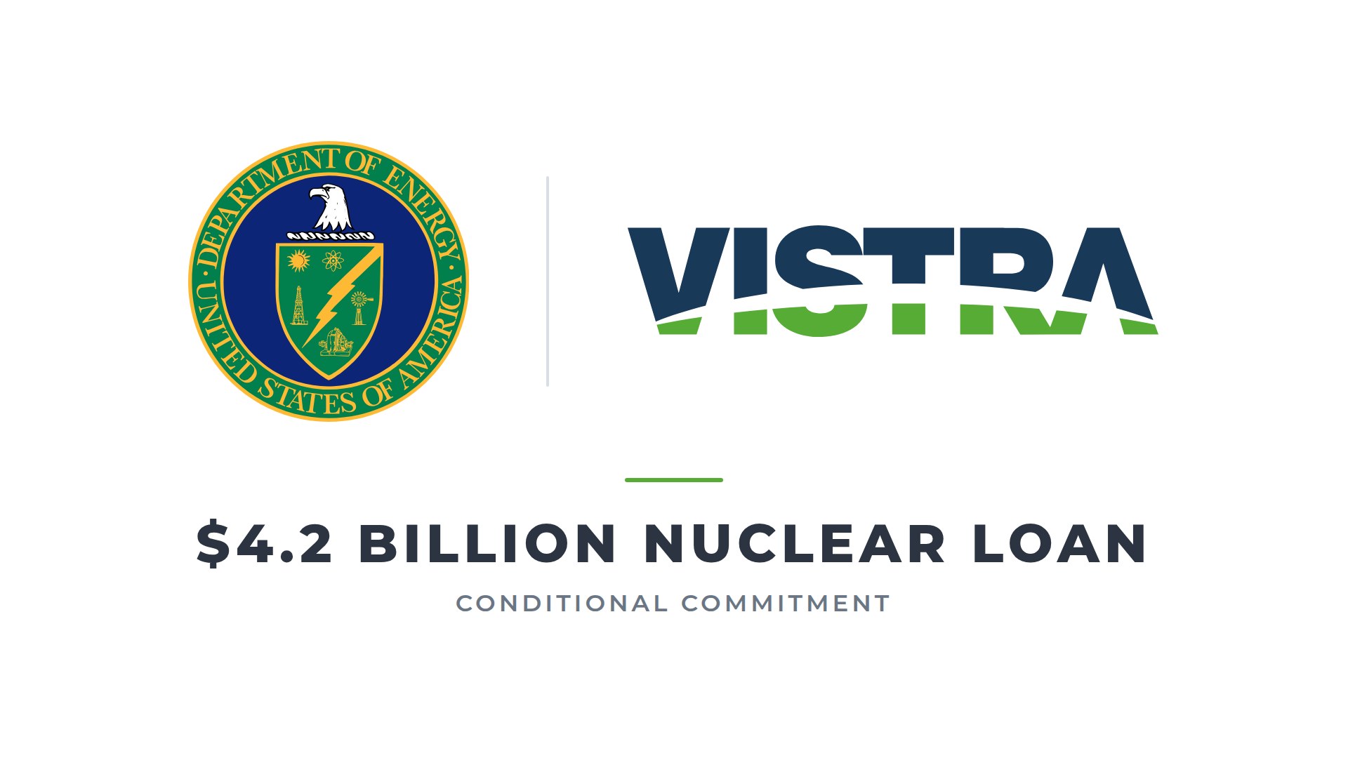US Department of Energy seal and Vistra logo above the words 4.2 billion dollar nuclear loan, conditional commitment